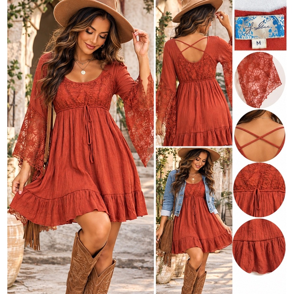 J. Gee Rust Orange Boho Lace Bell Sleeve Mini Dress Strappy Back Sz M